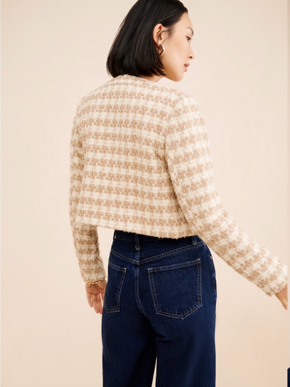 Amanda Uprichard Cream & Tan Houndstooth Lady Jacket Size L $209 *Flaw* - Picture 3 of 10